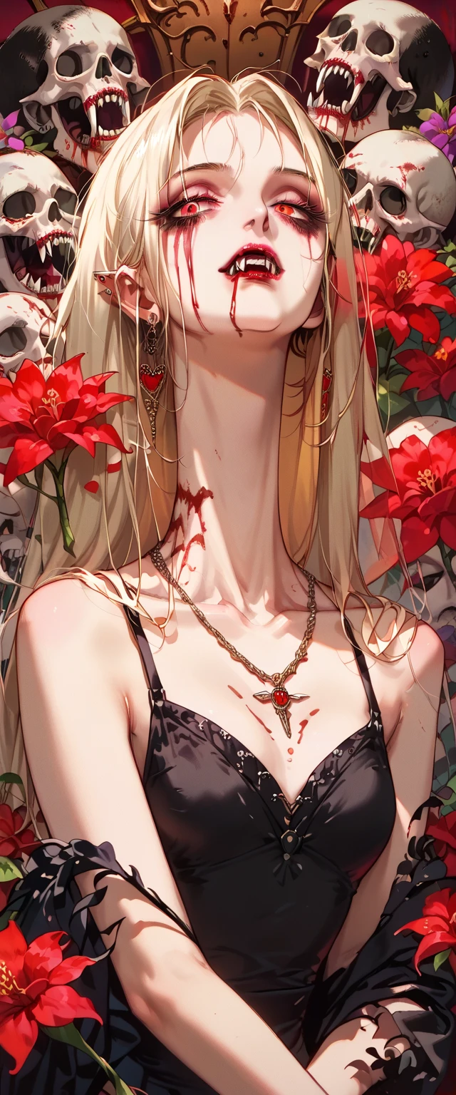  You can see a flat detail of the shoulders, A woman's collarbones and neck , Vampire bite on the neck, blood, has a necklace, nice view, elegant neckline,  elegant dress, DRIED FLOWERS , flying skulls . Detail shot