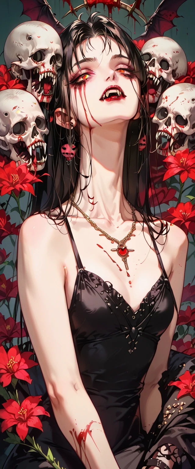  You can see a flat detail of the shoulders, A woman's collarbones and neck , Vampire bite on the neck, blood, has a necklace, nice view, elegant neckline,  elegant dress, DRIED FLOWERS , flying skulls . Detail shot