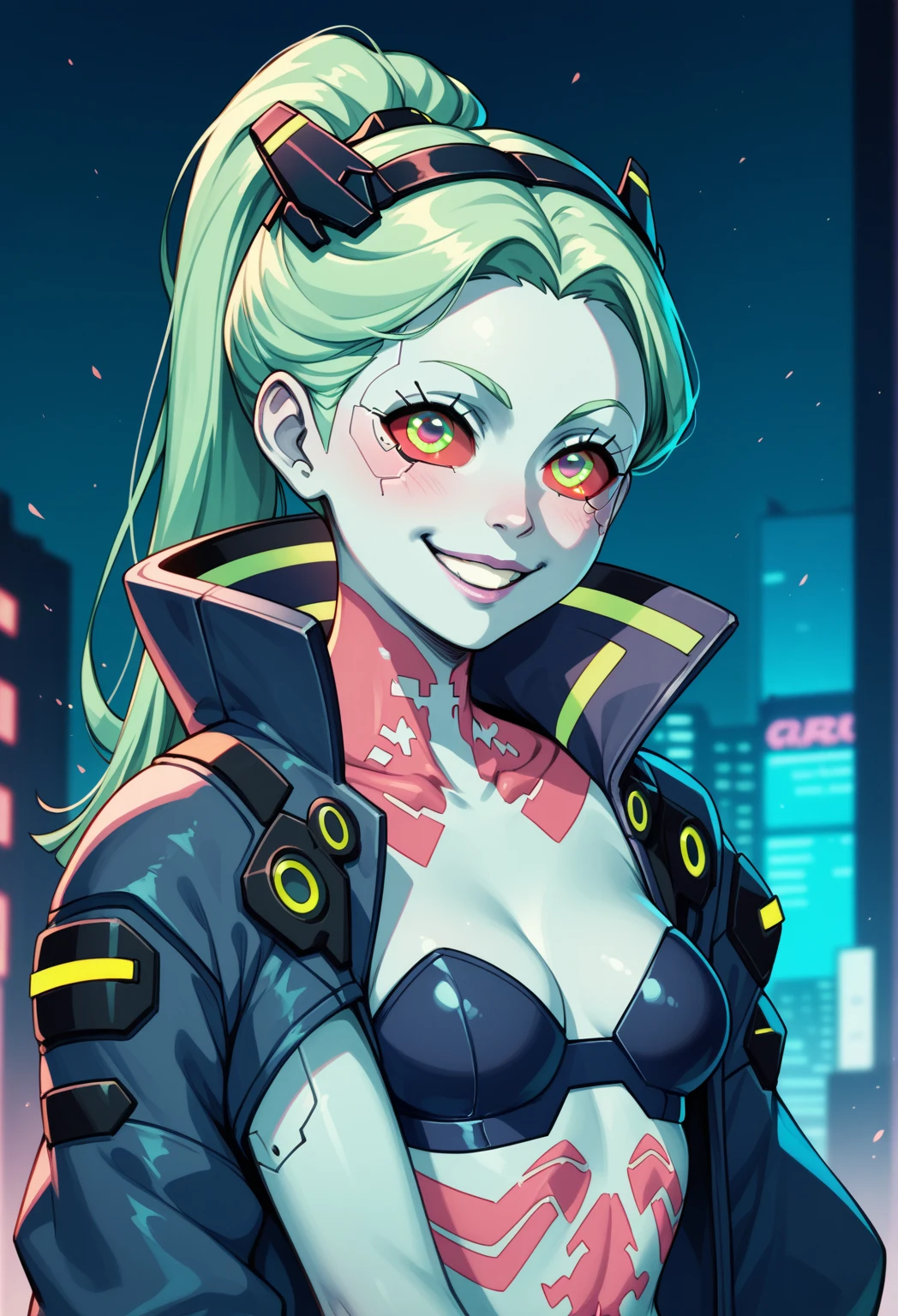 work of art, best qualityer, ultra detali, illustration, epic lighting, film composition, 1 girl, cute, red sclera,red pupils, cyborg, tatoo, hair green, colored fur, breasts small, Black jacke, standing, legs apart hands with black gloves with yellow details, lovely gaze, captivating pose, trunk:1.1, gazing at viewer, pretentious smile, cloused mouth, plein-air, citys, cyber punk, neon lights, Street, (natta, tenebrosa, tenebrosaness, tenebrosa como breu, eyeshadows:1.4), (8K:1.1),