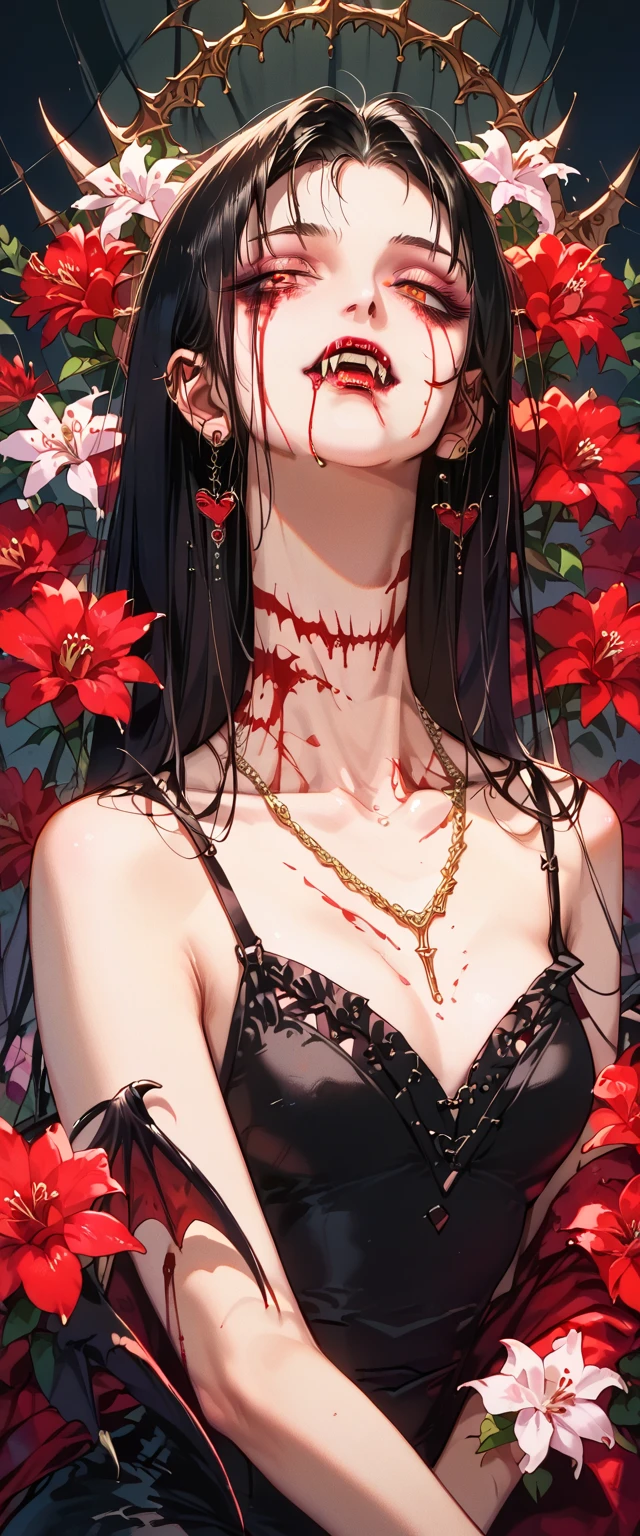  You can see a flat detail of the shoulders, A woman's collarbones and neck , Vampire bite on the neck, blood, has a necklace, nice view, elegant neckline,  elegant dress, DRIED FLOWERS , bats. Detail shot