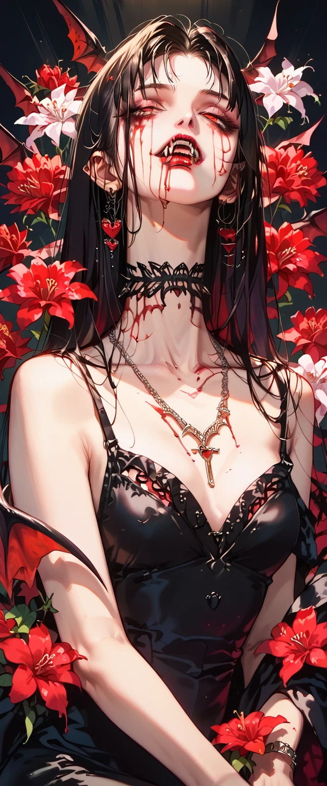  You can see a flat detail of the shoulders, A woman's collarbones and neck , Vampire bite on the neck, blood, has a necklace, nice view, elegant neckline,  elegant dress, DRIED FLOWERS , bats. Detail shot