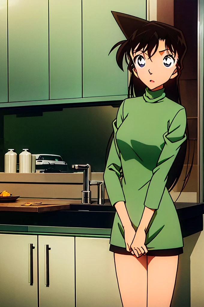 one girl,{{{long hair}}},{{{official style}}},{{{adult}}},green turtleneck miniskirt,{light green cropped short jacket},green socks,sink,kitchen,bringing upper body to the sink