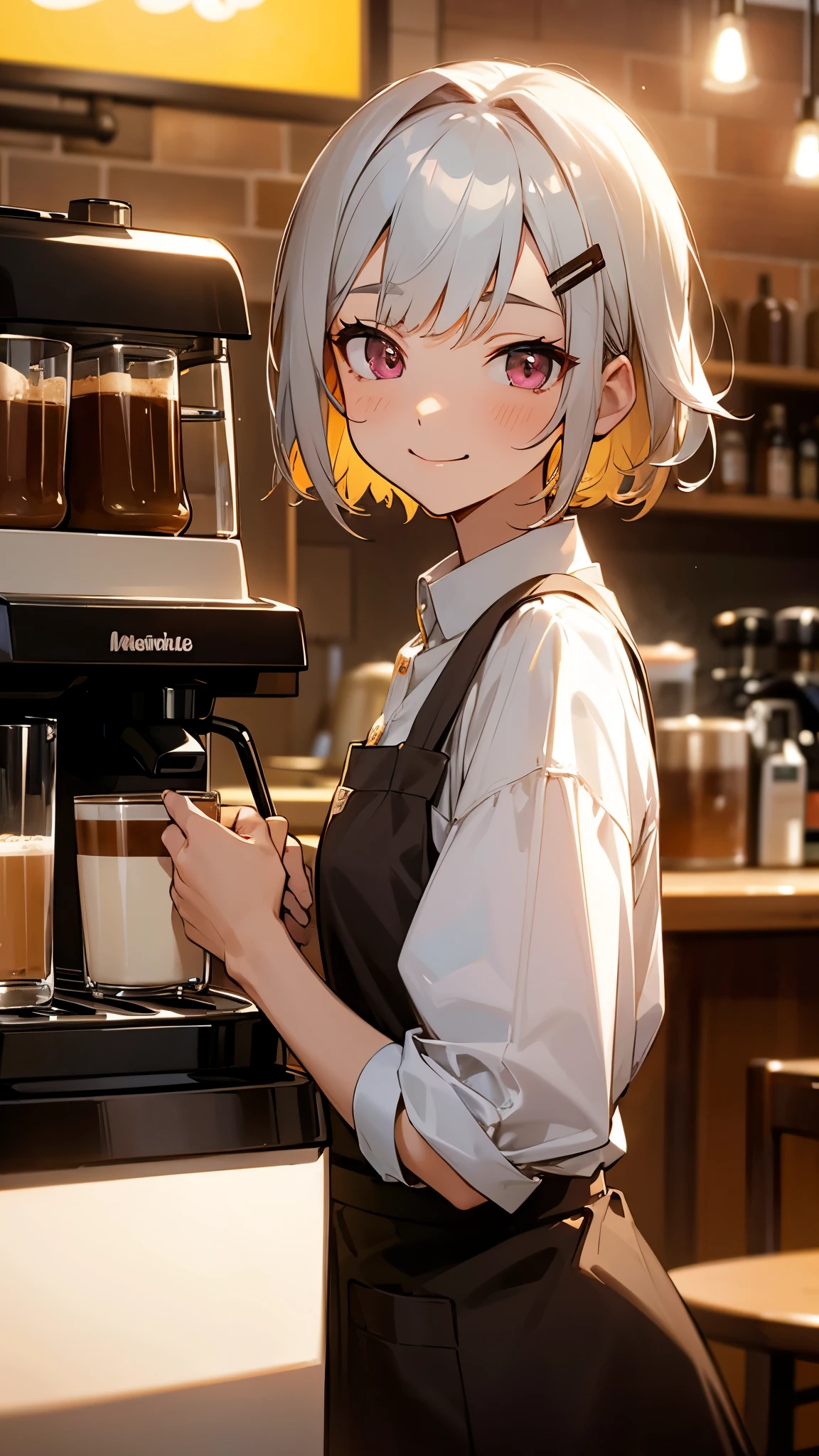 ( mastepice ), top quality , girl working in a coffee shop, coffee machine brewing coffee, perfect face, expressive eyes , brown apron, coffee shop seen from inside, short silver hair and bob hairstyle, Hair held up with a hair clip, pink eyes, upper body closeup、cute girl smiling, Laughter, pers with decor, (night), real, 4K, Flowers in a vase, perfect lighting, traced light , Warm colors, table chair, Daily life, modern, elegant , ( relaxed atmosphere ), white shirt, Barista, soft, Modest, delicate, kind, night, contrast, brightly colored , Bokeh, ( perfect coffee machine ), situation, (soft), she is having a coffee break, there is a table with a cup on it to the left, the coffee machine is on the table, steam rising from a cup, delicious coffee