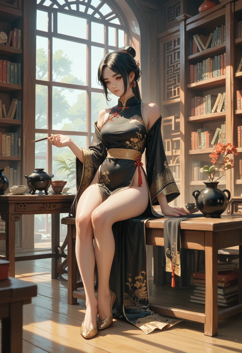 " facing the camera, "  Full-length girl ,  is sitting at a table in a Chinese ancient library , she has  , and long black hair to the waist ,  she is wearing black and gold traditional Chinese clothes.