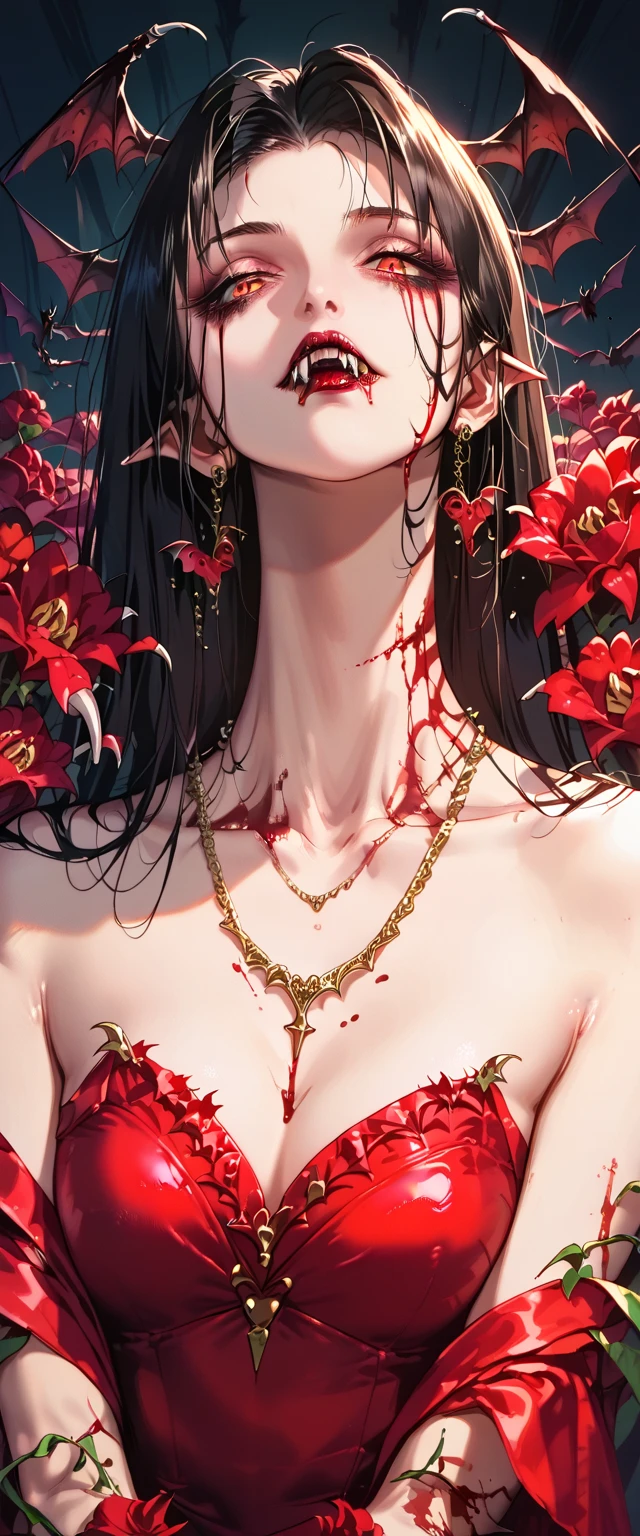  You can see a flat detail of the shoulders, A woman's collarbones and neck , Vampire bite on the neck, blood, has a necklace, nice view, elegant neckline,  elegant dress,  dead flowers , bats. Detail shot