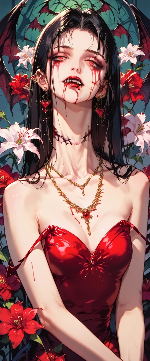  You can see a flat detail of the shoulders, A woman's collarbones and neck , Vampire bite on the neck, blood, has a necklace, nice view, elegant neckline,  elegant dress,  dead flowers , bats. Detail shot