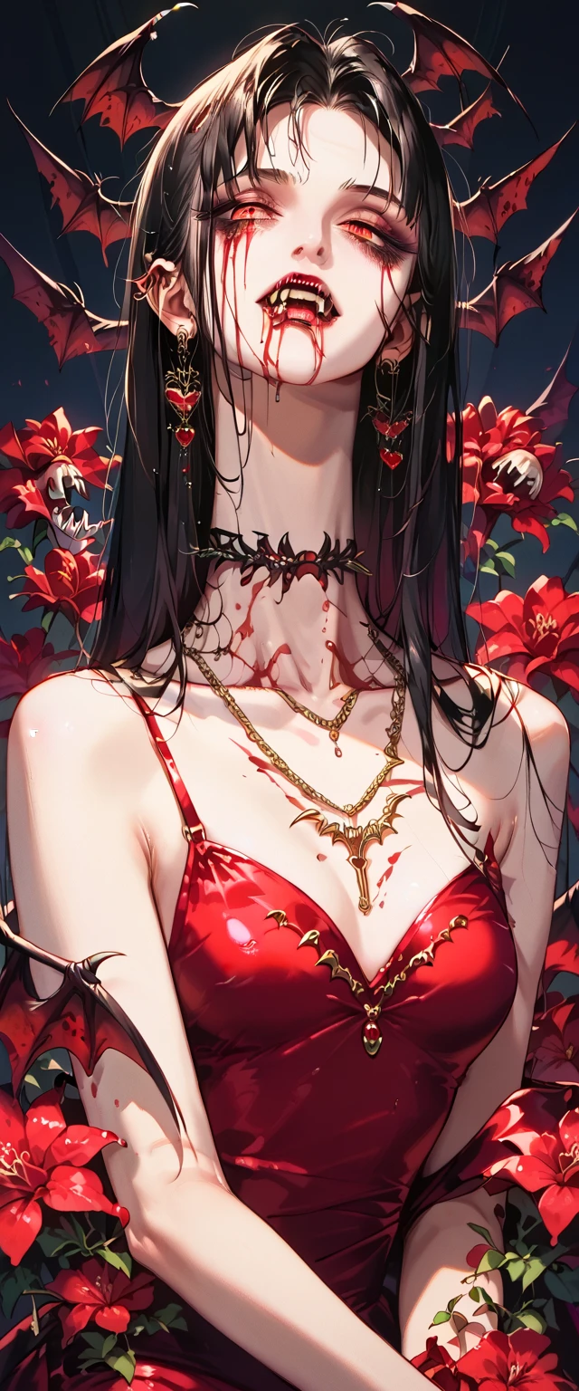  You can see a flat detail of the shoulders, A woman's collarbones and neck , Vampire bite on the neck, blood, has a necklace, nice view, elegant neckline,  elegant dress,  dead flowers , bats. Detail shot