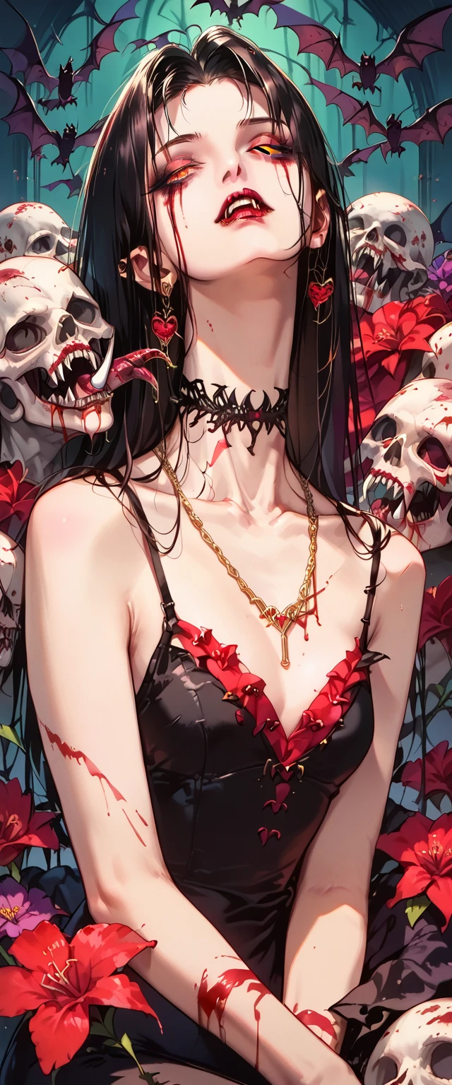  You can see a flat detail of the shoulders, A woman's collarbones and neck , Vampire bite on the neck, blood, has a necklace, nice view, elegant neckline,  elegant dress,  dead flowers , bats. Detail shot