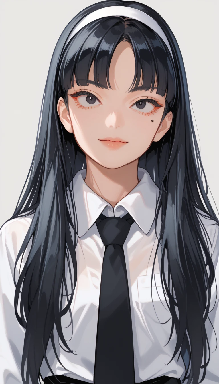 Score_9, score_8_up, score_7_up, score_6_up, source_anime, rating:general, 1girl, black eyes, black hair, long hair, blunt bangs, parted bangs, white hairband, mole under eye, portrait, white collared shirt, black tie, school blazar, sultry look, mysterious, 8k quality, vivid colors, perfect lighting, perfect shadowing, SmokeyAura Aura, black Smoke