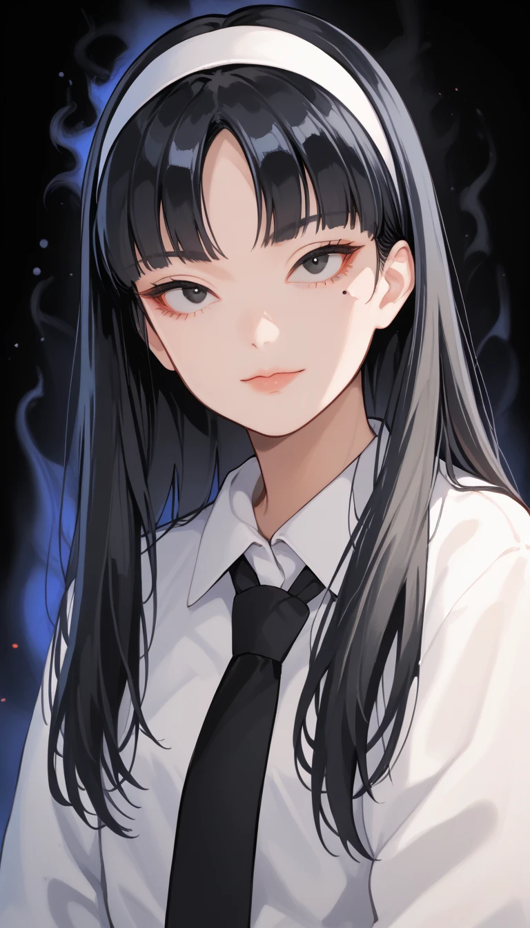 Score_9, score_8_up, score_7_up, score_6_up, source_anime, rating:general, 1girl, pale white skin, black eyes, black hair, long hair, blunt bangs, parted bangs, white hairband, mole under eye, portrait, white collared shirt, black tie, head tilt, sultry look, mysterious, 8k quality, vivid colors, perfect lighting, perfect shadowing, black SmokeyAura Aura, black Smoke