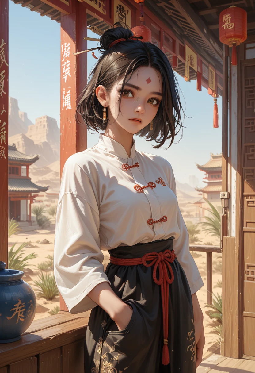  dark hair to the waist,  brown eye , a sharp face with a birthmark on the forehead ,  traditional Chinese streetwear,  inside a Chinese courtyard , A city in the desert