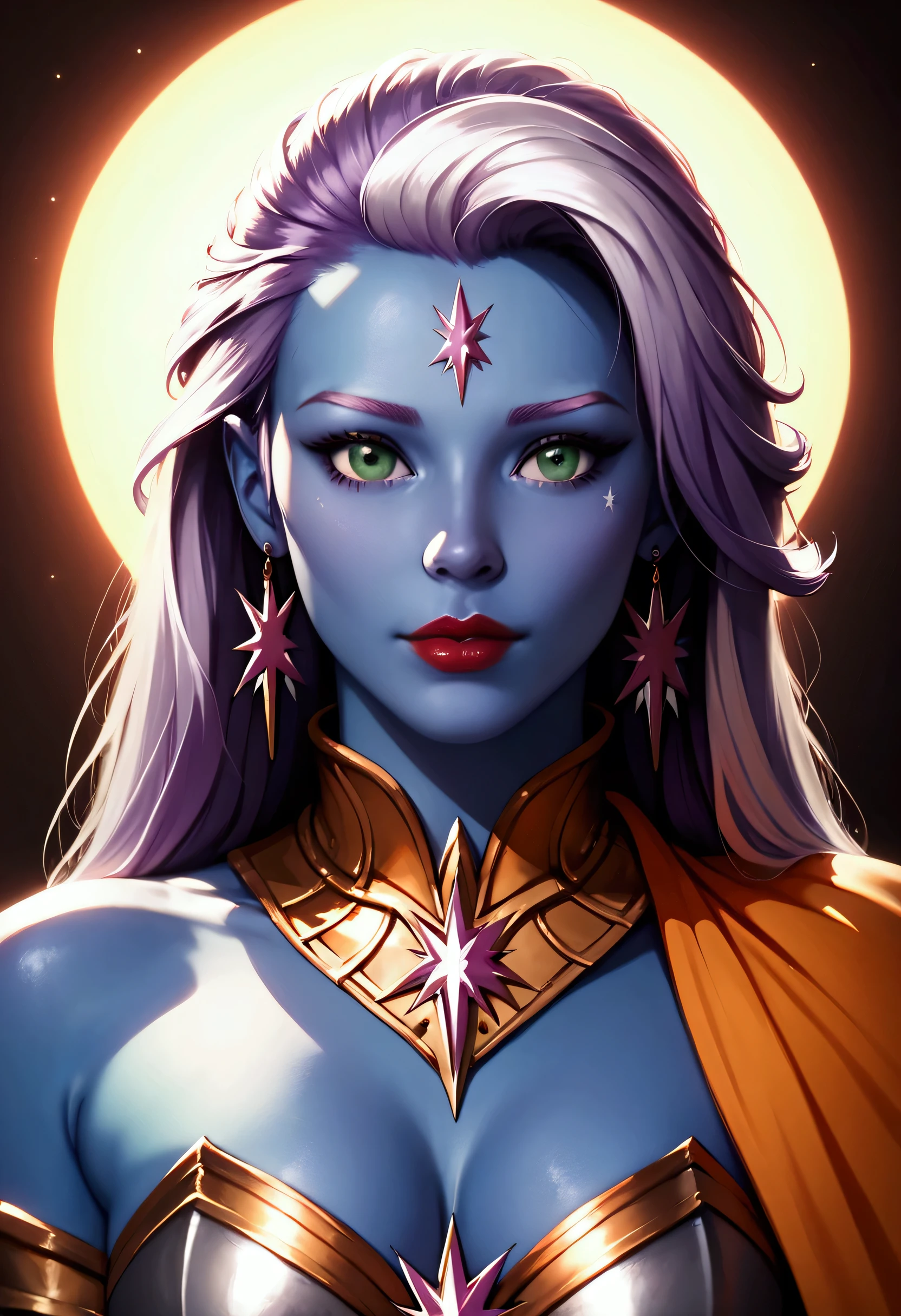 score_9, score_8_up, score_7_up, score_6_up, score_5_up, score_4_up, fantasy art, dnd art, RPG art, wide shot,  an intense details, highly detailed, photorealistic, best quality, highres, facial portrait a female, (( dark blue skin)), intense details facial details, exquisite beauty, cleric, ((blue skin)) female, ((lavender hair)), long hair, (((no ears: 1.5))), (green eyes: 1.3), red lips, armed with a fiery sword red fire, wearing (twilight priestly combat vestments: 1.5), wearing white armor, wearing high heeled laced boots, wearing an (orange cloak), wearing glowing sun holy symbol fantasy temple background, reflection light, high details, best quality, 16k, [ultra detailed], masterpiece, best quality, (extremely detailed), close up, ultra wide shot, photorealistic, RAW, fantasy art, dnd art, fantasy art, realistic art,((best quality)), ((masterpiece)), (detailed), perfect face ultra wide shot, Cinematic Shot