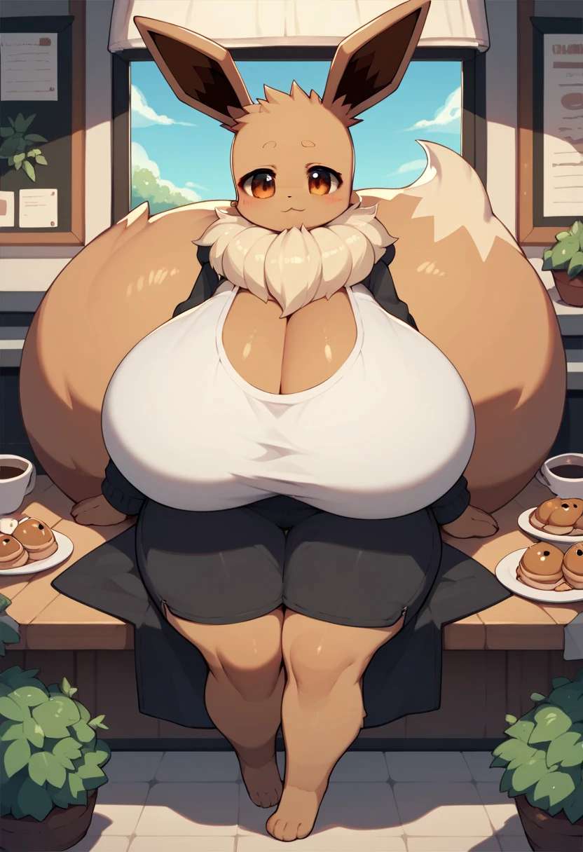 Anime style Eevee furry sexy hot woman,(gigantic breasts) very long huge legs, in the Café rooms. 