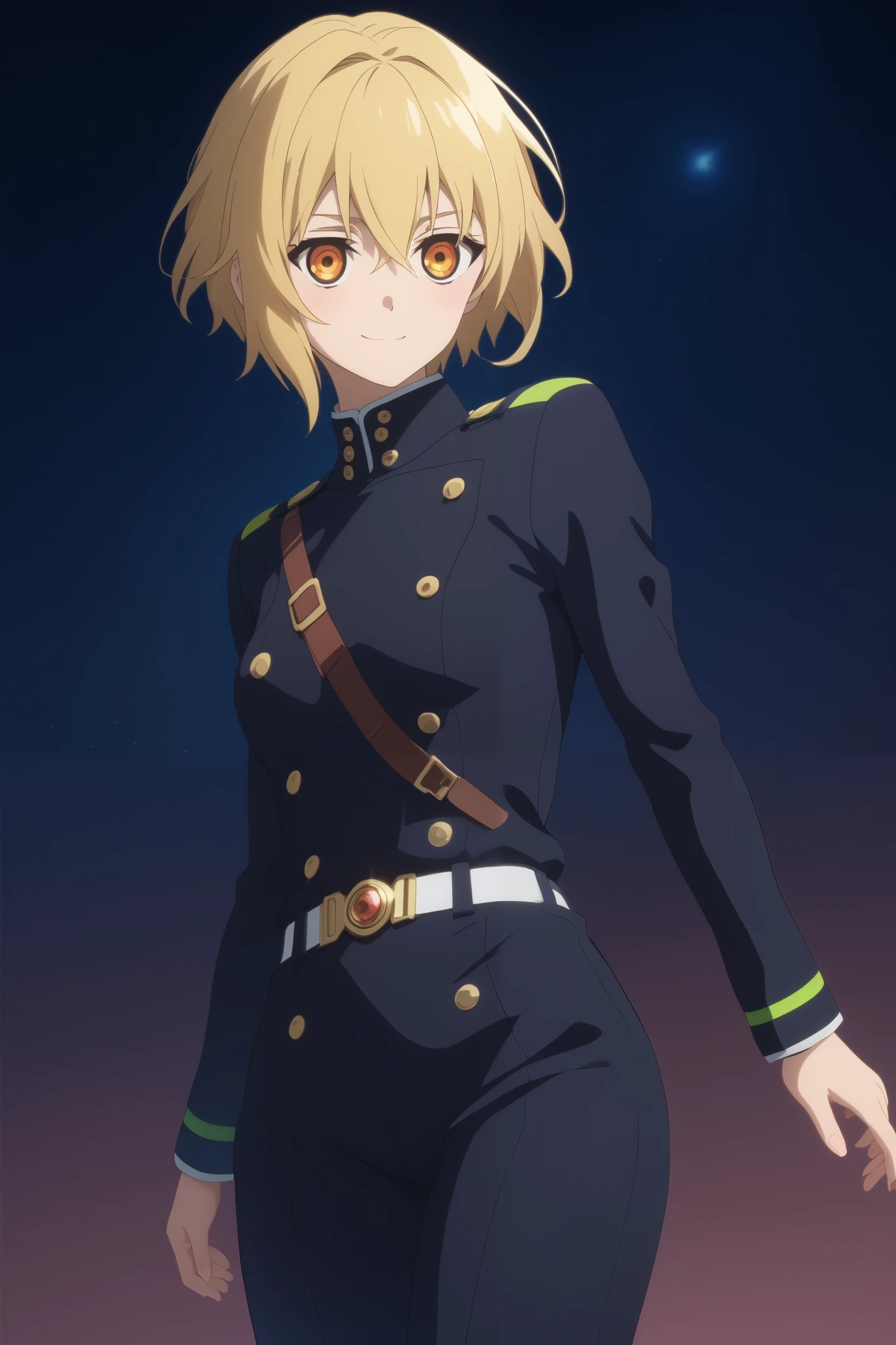 score_9, score_8_up, score_7_up, source_anime,  intricate details , (3d:0.4), ,  1 girl fights,  blonde , solo, female focus, светло-yellow hair,  amber eyes, big amber-colored eyes ,  short blond hair ,  hair between eyes,  sci-fi space opera, short bob hair , bangs, yellow hair, smile, blushed, black uniform, Breasts,  thin waist,  slender legs , trousers