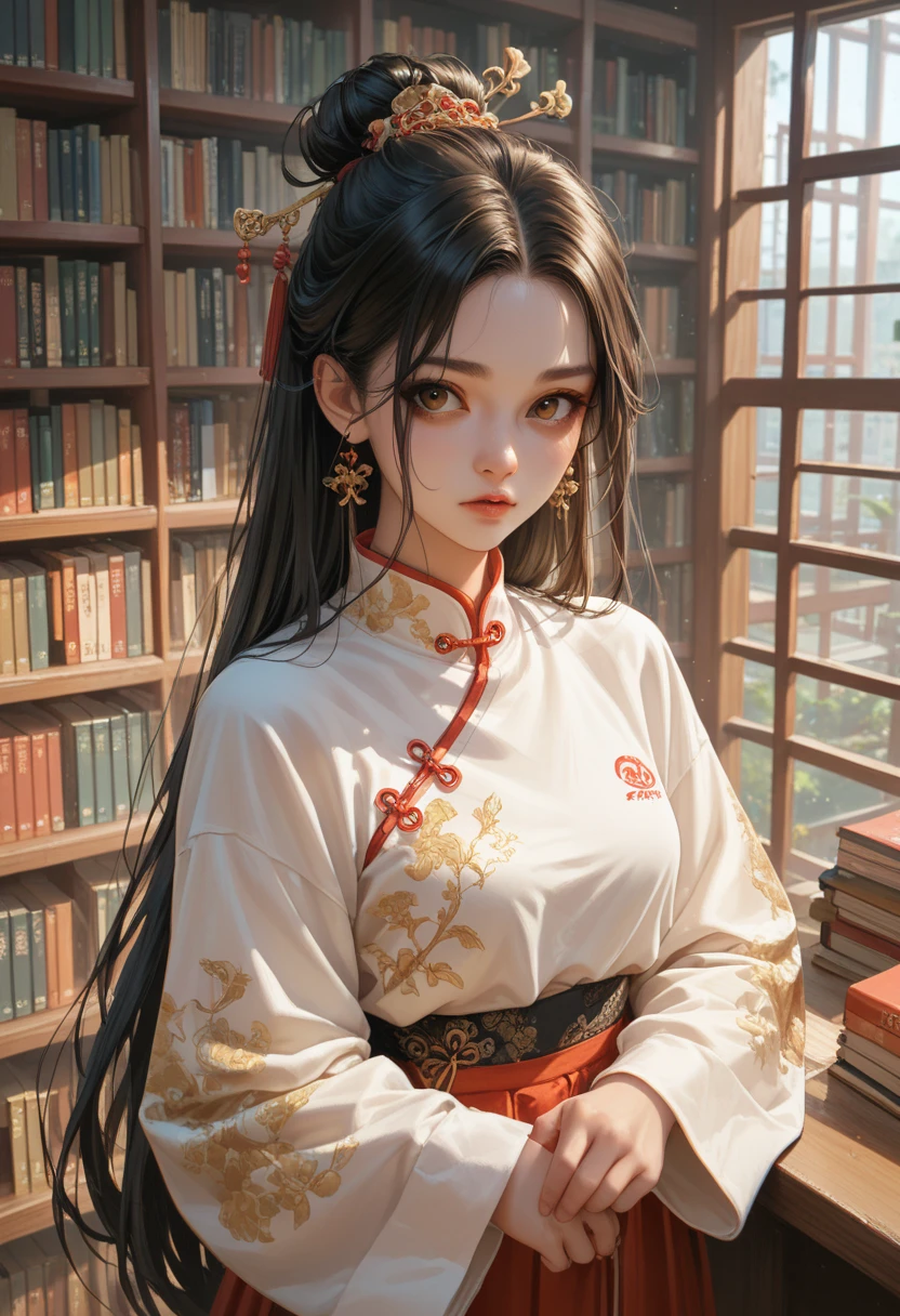  dark hair to the waist,  brown eye , a sharp face with a birthmark on the forehead , ,  traditional Chinese streetwear, black and gold ,  clothes inside the Chinese library, long table .