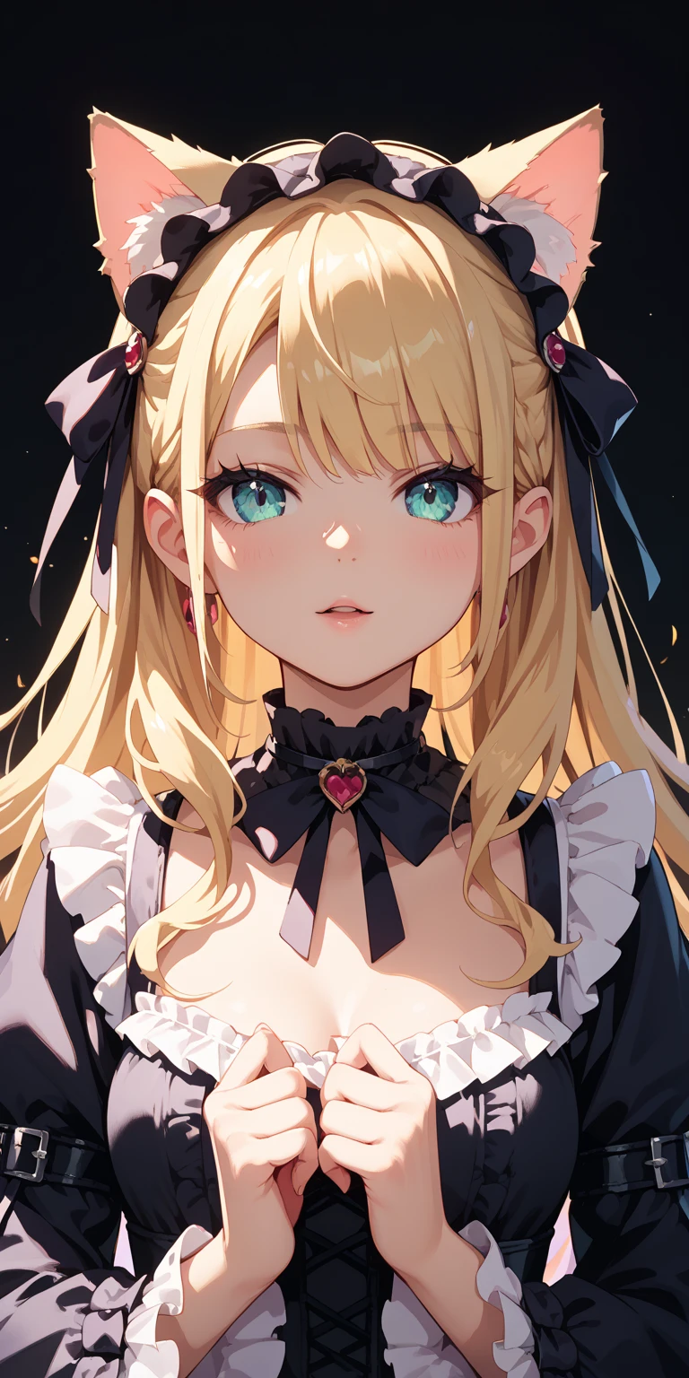 Facing forward , Cat Ears & Gothic Lolita , blond long hair , 
