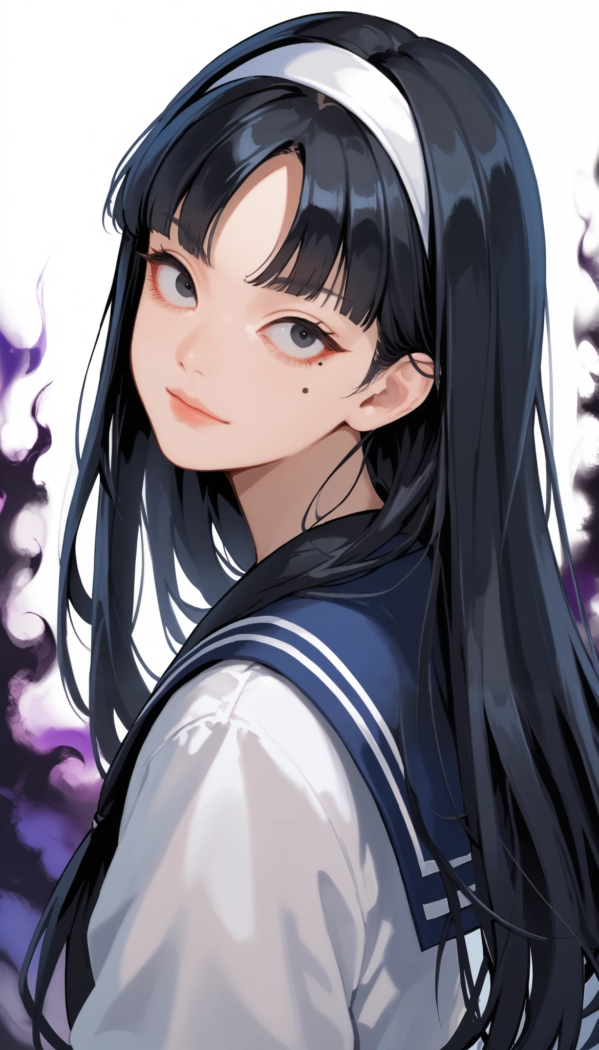 Score_9, score_8_up, score_7_up, score_6_up, source_anime, rating:general, 1girl, pale white skin, black eyes, black hair, long hair, blunt bangs, parted bangs, white hairband, mole under eye, portrait, sailor suit school uniform, head tilt, sultry look, mysterious, 8k quality, vivid colors, perfect lighting, perfect shadowing, black SmokeyAura Aura, black Smoke