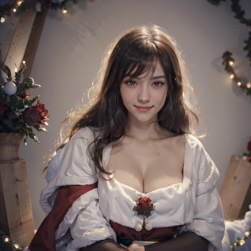    Long Black Hair and Red Rose Anime Girl in Santa Claus Costume , Gwaiz, Gwaiz on pixiv artstation,     Popular Detailed Digital Christmas Animation Art  ,    beautiful anime girl   , Gwaiz on artstation pixiv,    Anime Style 4k   , everyone, beautiful anime portrait,     Christmas Portrait Anime Girl Details     ,     BEAUTIFUL ANIME WOMEN    ,  detailed christmas animation art, 8k ,  high res  ,    anatomically correct,  Professional photography,  smile, 