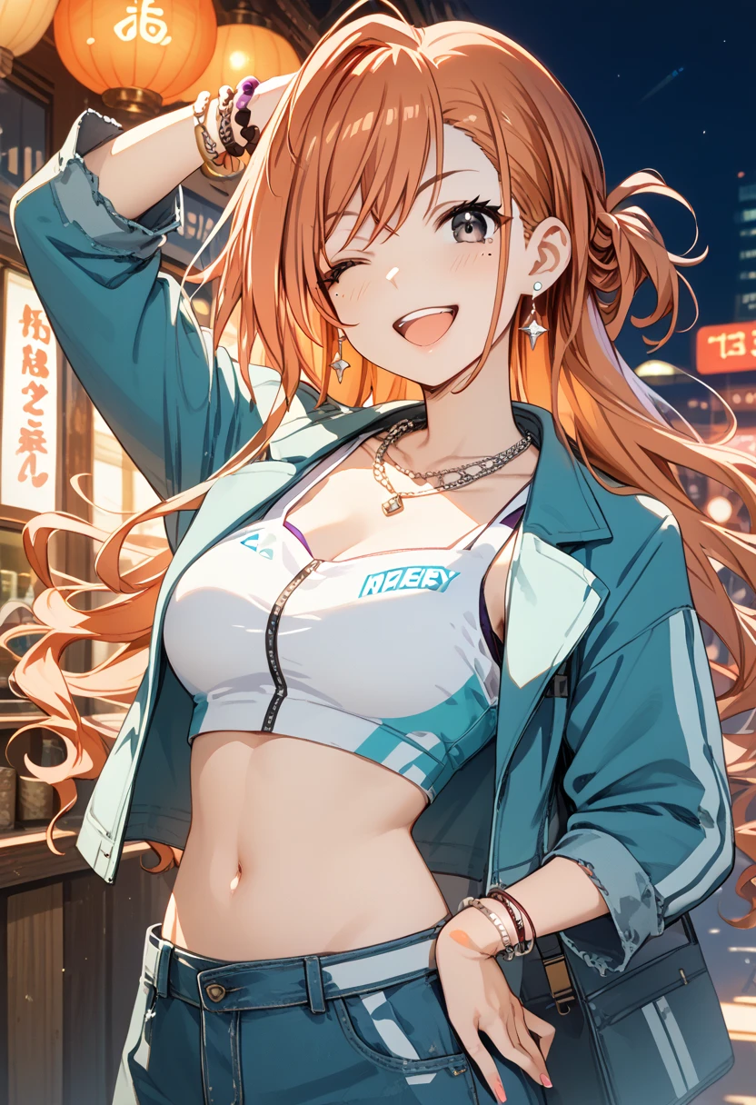 arisugawa natsuha,1girl, solo, long hair, breasts, looking at viewer, blush, smile, open mouth, navel, jewelry, earrings, open clothes, teeth, one eye closed, midriff, necklace, orange hair, open jacket, bracelet, crop top, mole under eye, v, pink nails, orange hair, black eyes