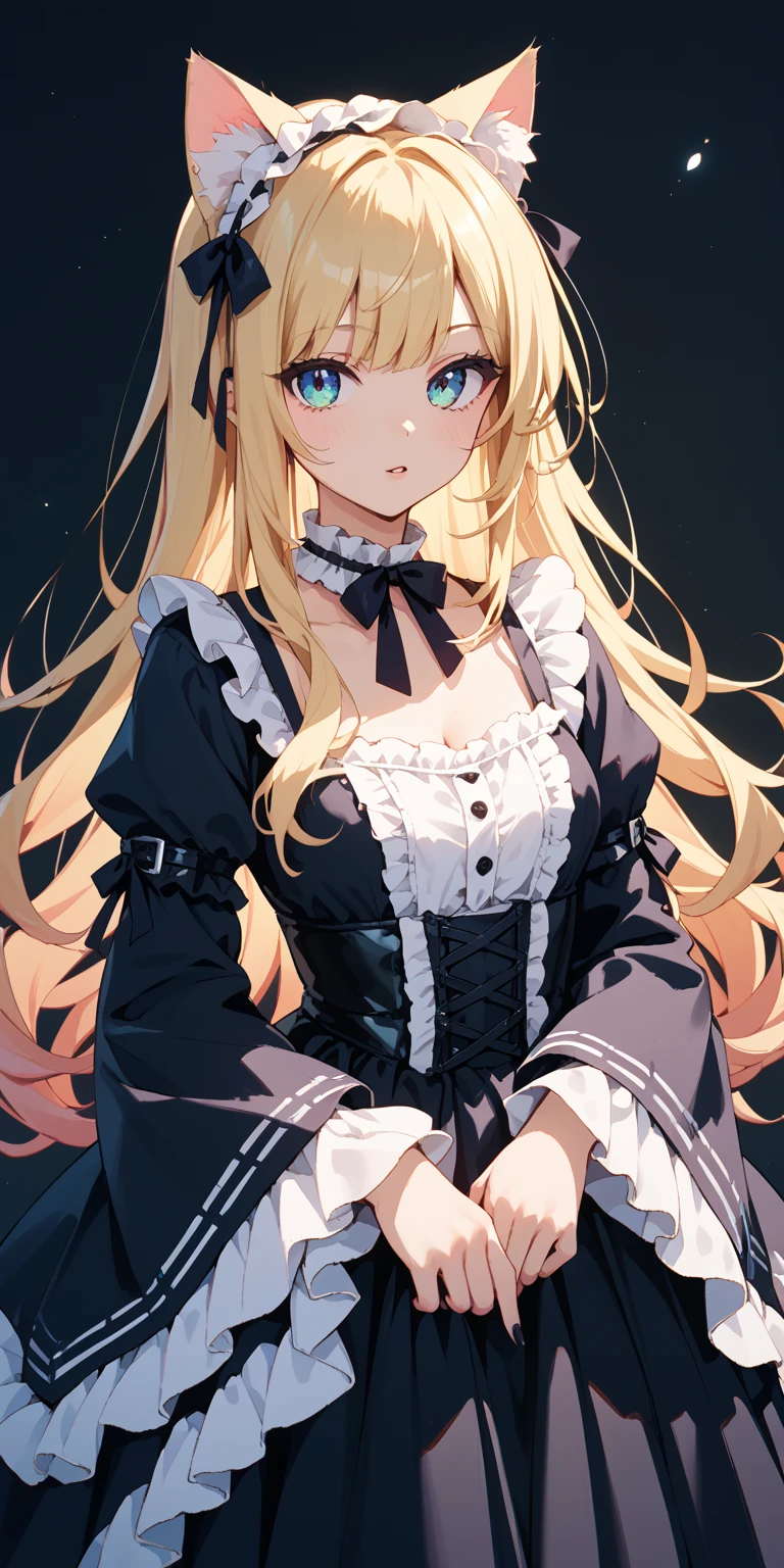 NSFW , loose clothes , Cat Ears & Gothic Lolita , blond long hair , 
