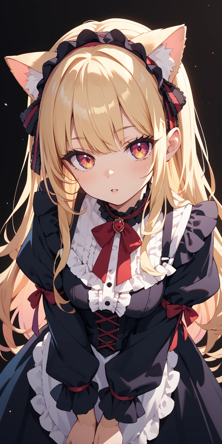 Leaning forward , Cat Ears & Gothic Lolita , blond long hair , 
