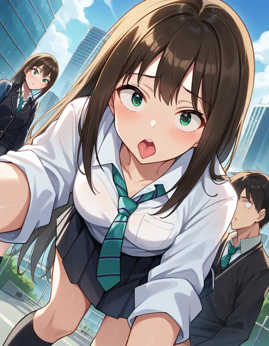 score_9, score_8_up, score_7_up, source_anime,
rinshibuya, rin shibuya, black hair, green eyes, long hair,
black skirt, black socks, collared shirt, green necktie, kneehighs, long sleeves, miniskirt, necktie, pleated skirt, school uniform, shirt, skirt, socks, striped, striped necktie, white shirt, wing collar,
outdoors, cityscape, bent over,
looking at viewer, dutch angle, cowboy shot, ahe face, ahegao, rolled eyes, flushed cheeks. doggy style. blowjob, deep-throating. surprised. nsfw.