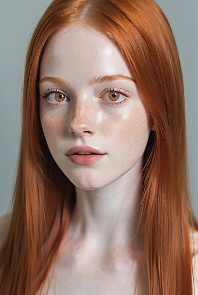 25 years old woman, caucasian, long straight auburn hair, orange eyes, dark eyebags, a bit of freckles, full lips, pale skin, heavy eyeliner, round face