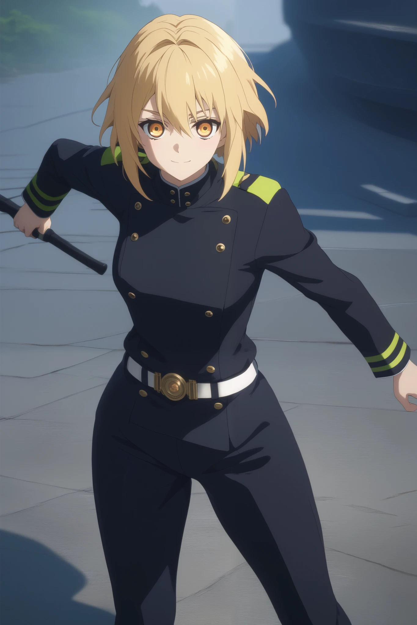 score_9, score_8_up, score_7_up, source_anime,  intricate details , (3d:0.4), ,  1 girl fights,  blonde , solo, female focus, светло-yellow hair,  amber eyes, big amber-colored eyes ,  short blond hair ,  hair between eyes, science fiction opera, apocalypse, short bob hair , bangs, yellow hair, smile, blushed, black uniform, Breasts,  thin waist,  slender legs , trousers