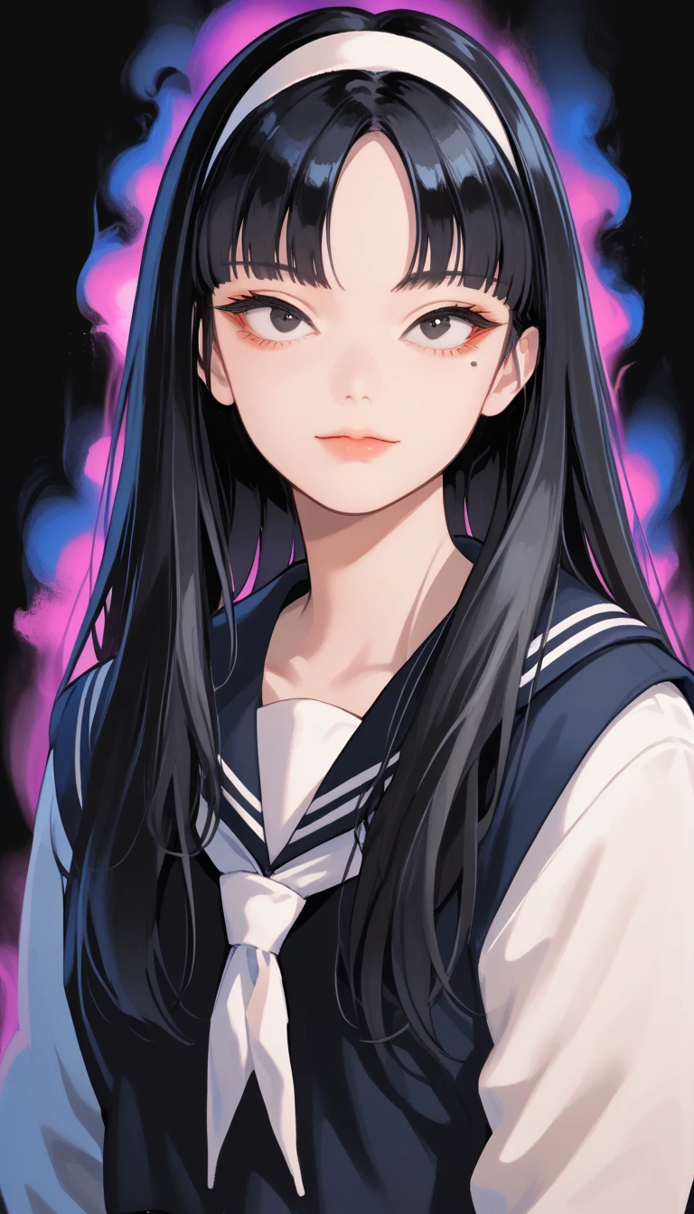 Score_9, score_8_up, score_7_up, score_6_up, source_anime, rating:general, 1girl, pale white skin, black eyes, black hair, long hair, blunt bangs, parted bangs, white hairband, mole under left eye, portrait, sailor suit school uniform, head tilt, sultry look, mysterious, 8k quality, vivid colors, perfect lighting, perfect shadowing, black SmokeyAura, Aura, black Smoke