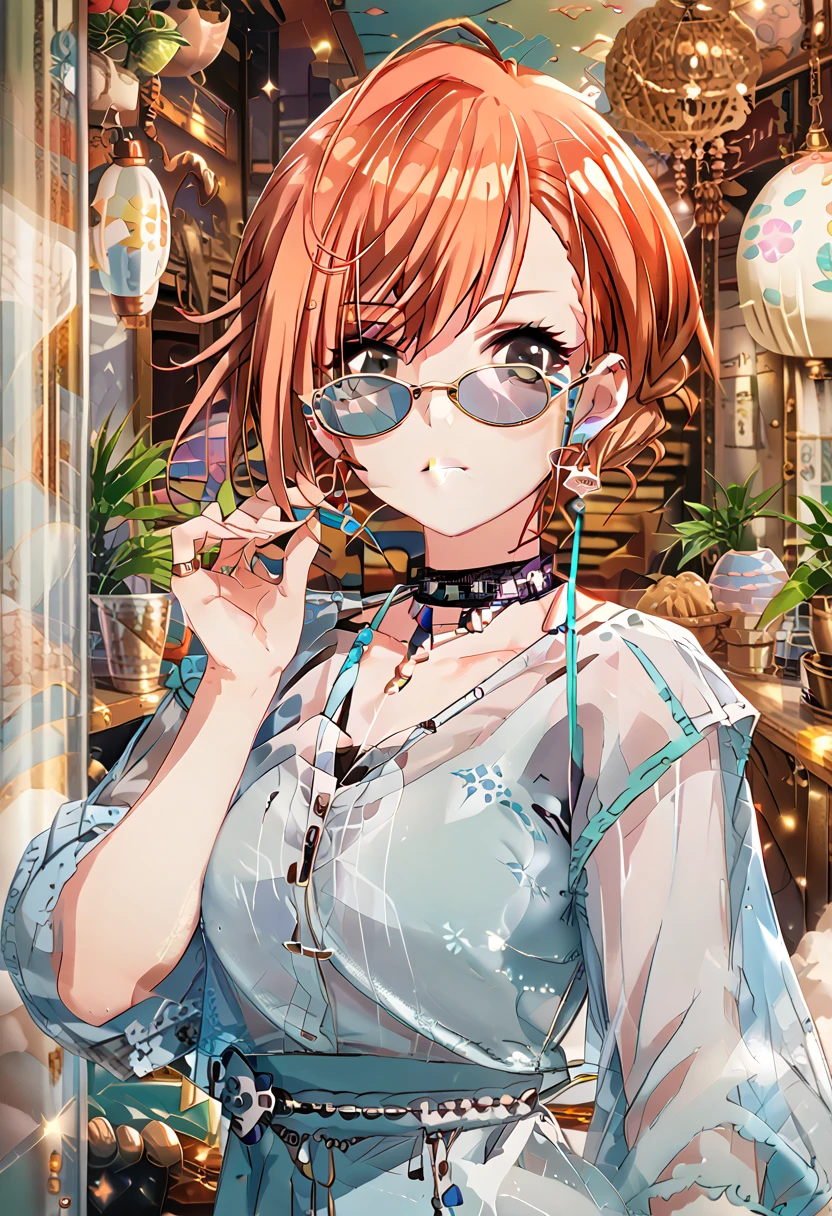 arisugawa natsuha, 1girl, solo, looking at viewer, short hair, holding, jewelry, upper body, earrings, choker, see-through, lips, ring, earphones, orange hair, black eyes,