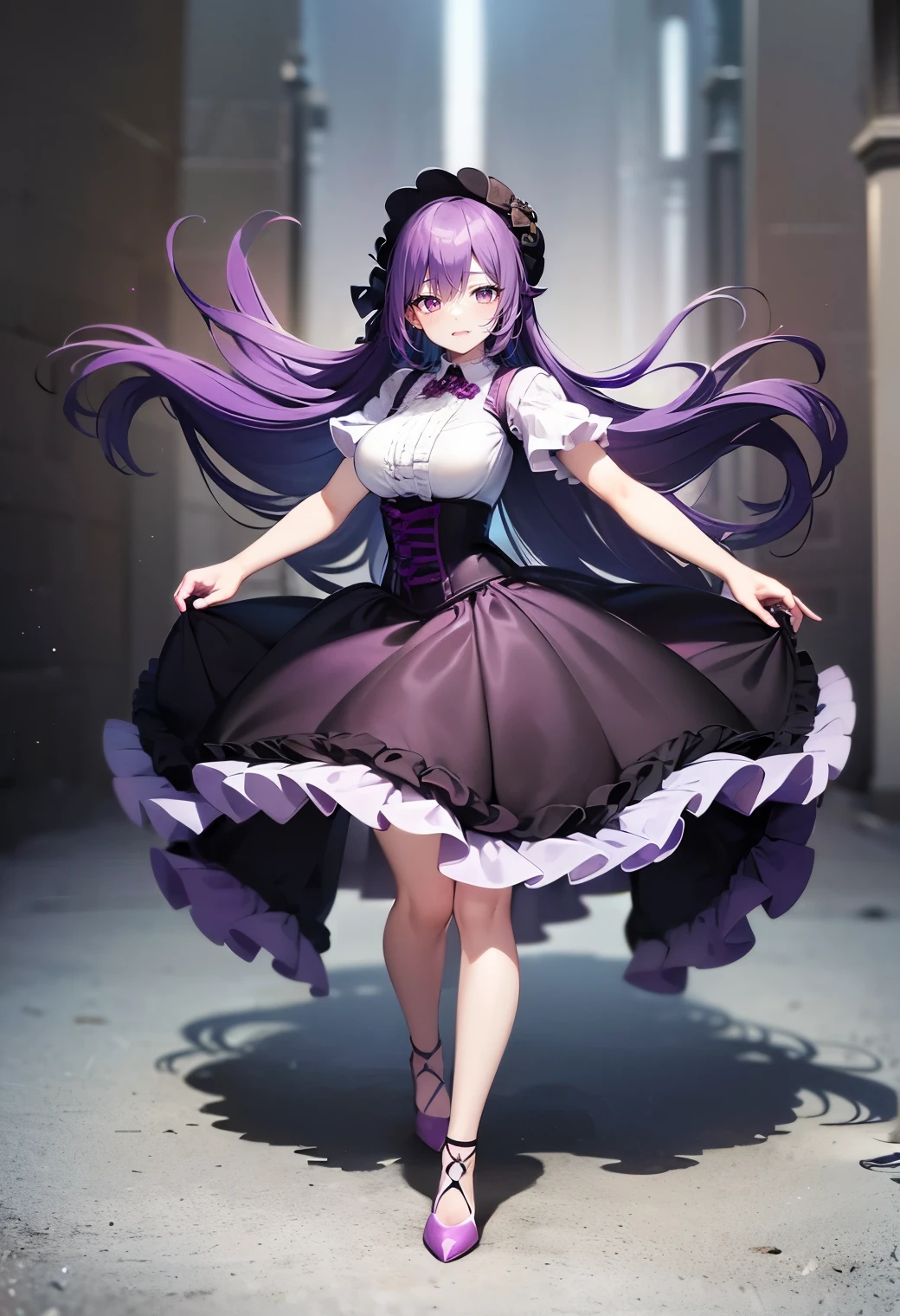 Purple hair,voluminous long hair,Adult female,((Roll up your sleeves)),(Corset),(Tight skirt),(high heels),((Simple White background)),Smile,((Full body)),((whole body))