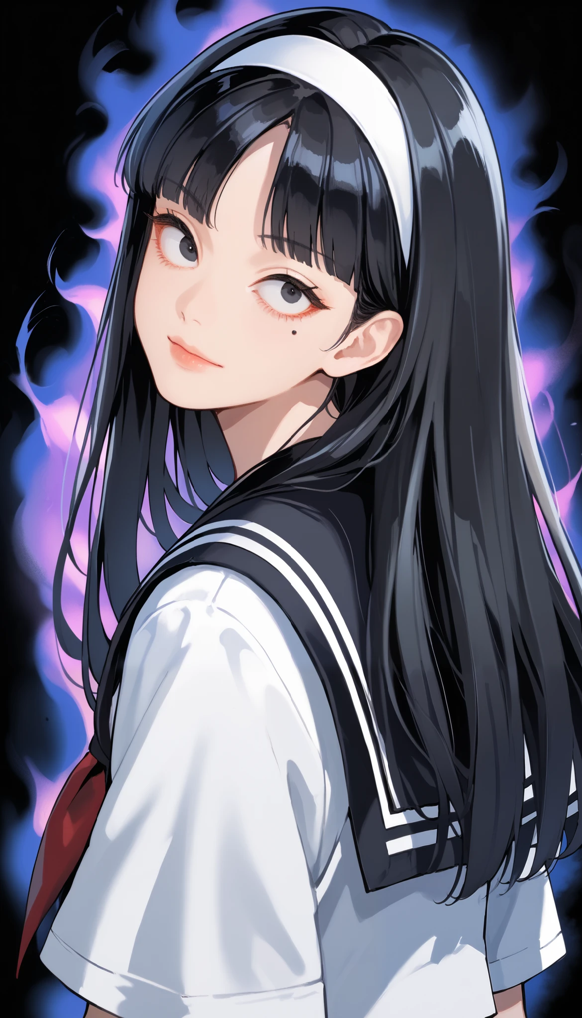 Score_9, score_8_up, score_7_up, score_6_up, source_anime, rating:general, 1girl, pale white skin, black eyes, black hair, long hair, blunt bangs, parted bangs, white hairband, mole under left eye, portrait, sailor suit school uniform, head tilt, sultry look, mysterious, 8k quality, vivid colors, perfect lighting, perfect shadowing, black SmokeyAura, Aura, black Smoke