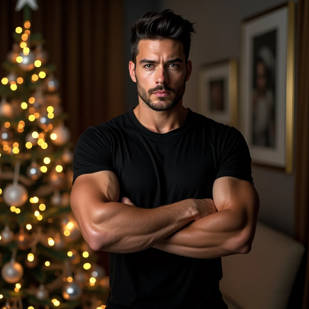 full body view,Christmas, young Dionysus Greek bodybuilder  man,Christmas party,packed with people,dark club,night time,(best quality,4k,8k,highres,masterpiece:1.2),dramatic lighting,sexy