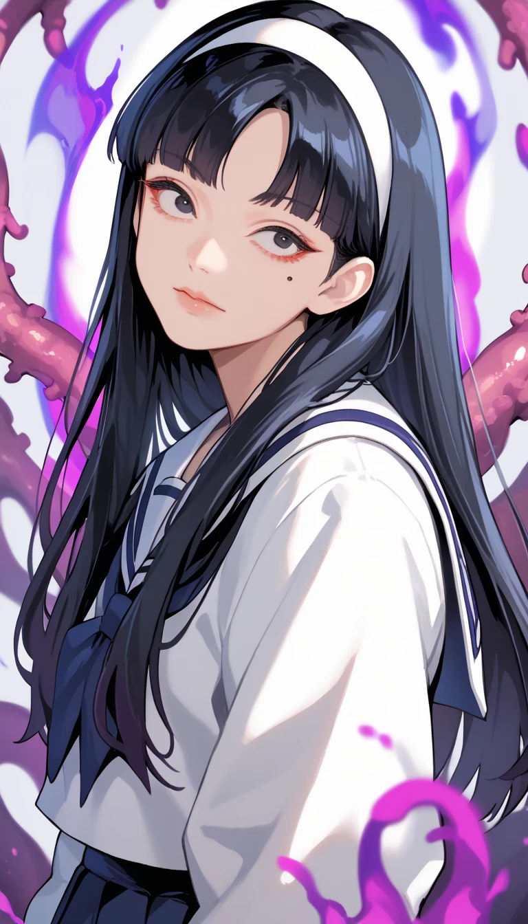 Score_9, score_8_up, score_7_up, score_6_up, source_anime, rating:general, 1girl, pale white skin, black eyes, black hair, long hair, blunt bangs, parted bangs, white hairband, mole under left eye, portrait, sailor suit school uniform, head tilt, sultry look, mysterious, 8k quality, vivid colors, perfect lighting, perfect shadowing, purple SmokeyAura, purple Aura, purple Smoke, eldritch abomination 