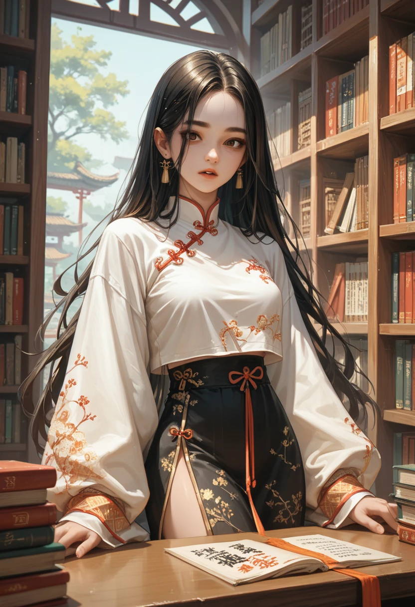  dark hair to the waist,  brown eye , a sharp face with a birthmark on the forehead , Very ,  traditional Chinese streetwear, black and gold ,  clothes inside the Chinese library, long table .