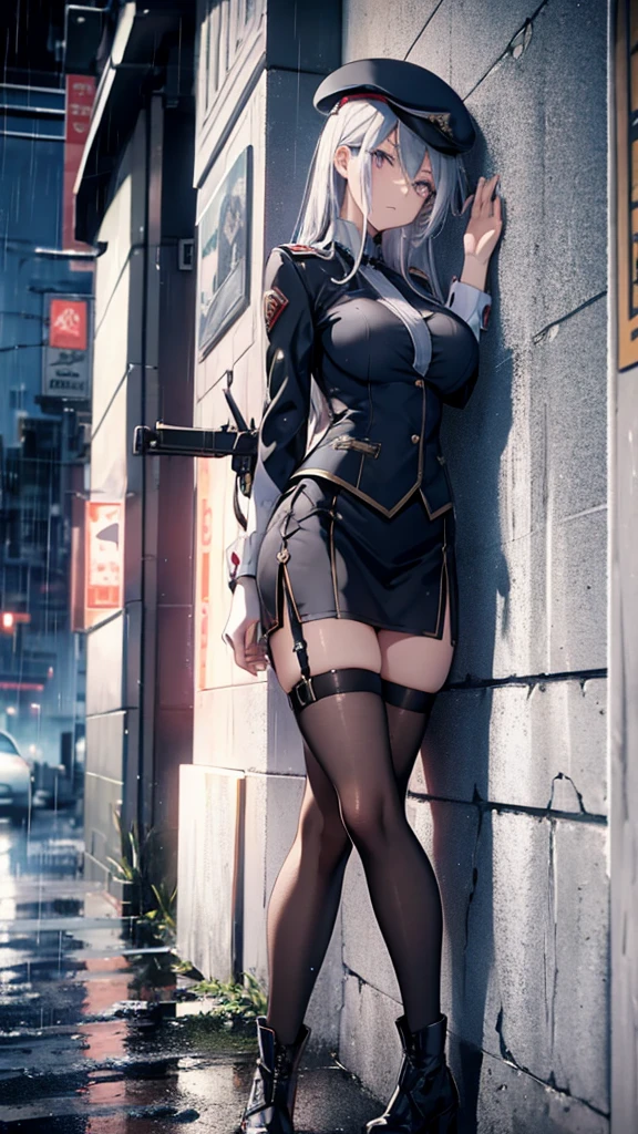 Silver Haired Girl,((Yuki Izumi))(( Big Breasts :0.6)),  red glasses,  Tactical Boots  ,Futuristic gun,Rain environment,  high image quality,8k,  super detailed  ,  surreal(()),masterpiece,  cinematic lighting ,Dramatic lighting,  Dramatic Poses, High Definition Facial Contours ,非常に  realistic  ,  realistic  ,((Heavy Rain:1.3)).  Beautiful details ,  beautiful lip details  ,   High Detailed Eyes and Faces   ,  with long eyelashes ,  1 girl,  concept art,   Frame Location   、Shiny Futuristic gun、((Bloodstain:0.9))Vivid Depiction of the Human Body  、beret、uniform、 Thailand、 Knee-length skirt 、((Heart-wrenching Clothes  :0.6))  Holes are in the center of the poster .々stand,  スThailandリッシュでエッジの効いた服を着る ,   expression of determination. The background is dark、 There is danger and tension, Text is in Bold and Eye Catching ,   Catchy taglines that create a dramatic and exciting atmosphere.  The color palette is mostly dark ,((Sharp expression))  Posters are dynamic and visually impressive .,  Character Portraits  (())(())((  lean against the wall  :1.6))((  cross your arms slightly))