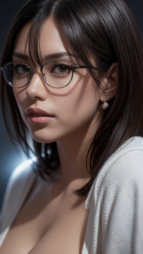 masterpiece, best quality, (extremely detailed CG unity 8k wallpaper, masterpiece, best quality, ultra-detailed, best shadow), (detailed background), (beautiful detailed face, beautiful detailed eyes), High contrast, Realistic woman, (best illumination, an extremely delicate and beautiful), short hair, eye glasses, hair ornament, accessories, piercing, intricate background, colorful light_particles, space, dark background, frontal pose, cleavage.  