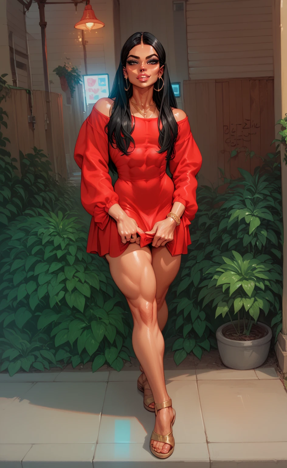  best quality,  High resolution, 1femboy,Brazilian Indian ,delicate face,seductive look,straight black hair, long hair , short dress, red,Athletic thighs, thick thighs , sexy 