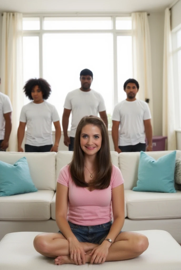 In a modern, brightly lit living room, a woman with sits cross-legged on a pristine white couch, wearing a light pink t-shirt and jean shorts with a Cheshire grin. Her hands are hidden in her lap, adding a whimsical charm to its mechanical form. Behind the couch, five large black men stand in a semi-circle. Their white t-shirts contrasts sharply with the pink shirt, their stance disciplined but non-threatening. The clean, modern room features white furniture, light blue pillows, and sunlight streaming through large windows, blending the girl’s humor with the men's imposing presence for a surreal and striking scene