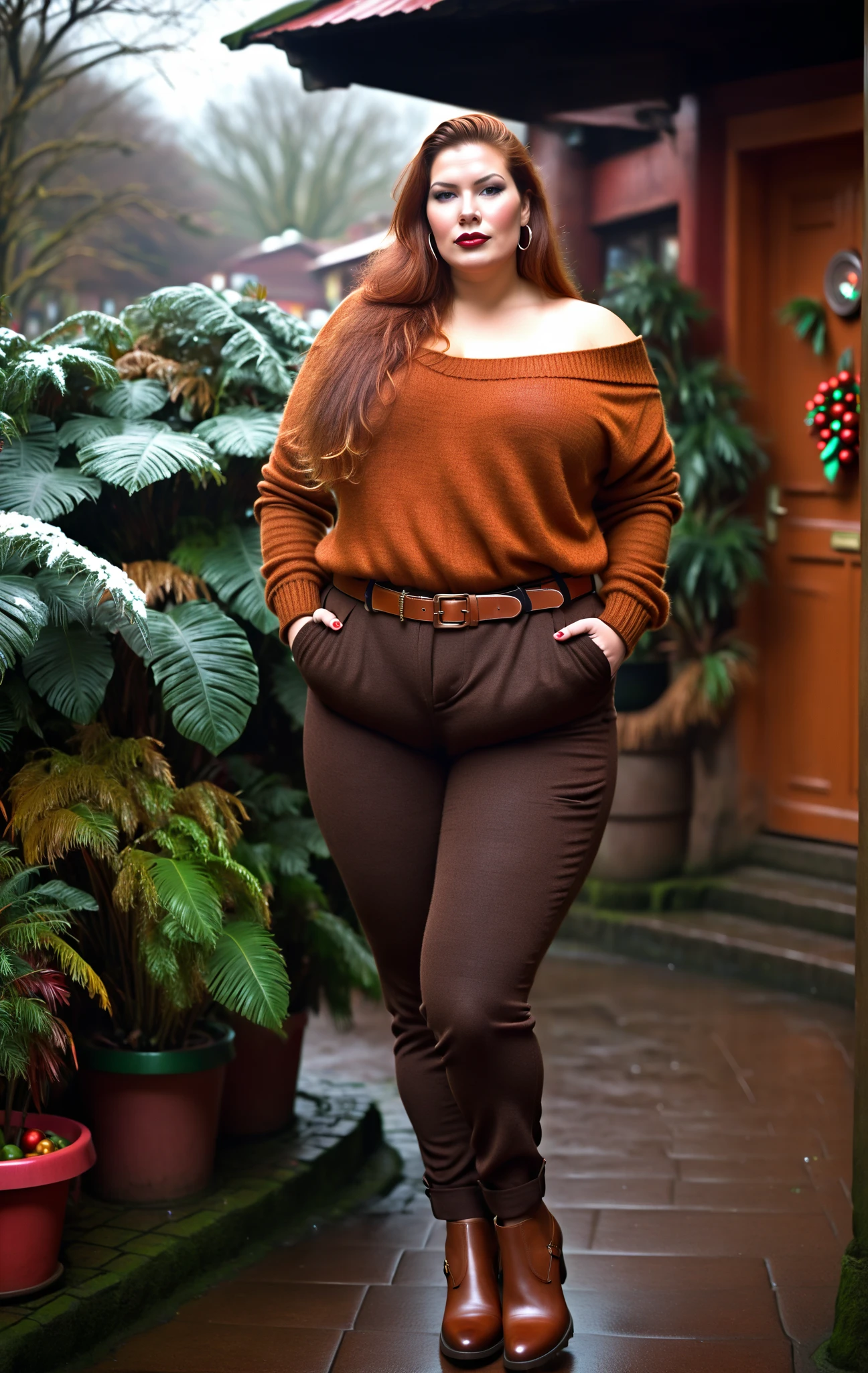 Woman, 27 years old, 1.96m tall. 125kg. Strong and curvy amazonian BBW. Very broad shoulders. Super long legs. Humungous breasts, slightly pointed bosoms. Wearing tight off the shoulder sweater, burnt ember sweater. Lengthy cleavage, deep cleavage. Mohair trousers, brown trousers. Ankles showing. Rainbow belt, big belt buckle. Oxford shoes, brown shoes. Big, ruddy cheeks. Full face, high cheekbones. Chestnut hair with red highlights. Rugged, horny. Mixed Costa Rican and Latvian. Dominant. Ready to flirt. Expressive, vibrant. Teasing, mischievous, rambunctious. Confident body language. Walking through a Christmas village. Turning heads.