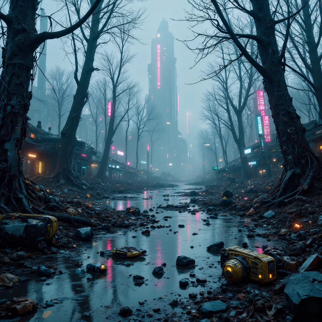 A sprawling cyberpunk swamp stretches across the scene, blending natural decay with futuristic elements. The murky water reflects a chaotic tapestry of neon lights in hues of cyan, magenta, and yellow, creating an eerie glow beneath the mist that hovers just above the surface. Towering metallic trees with glowing circuit-like veins rise from the swamp, their bark a mix of corroded steel and bioluminescent fibers.

Massive industrial cables snake through the water, partially submerged and sparking faintly where exposed. Floating on the surface are shattered panels of translucent polyethylene and patches of black bio-plastic, giving the swamp an unsettling mixture of organic and synthetic debris.

The atmosphere is thick with the hum of unseen machinery, punctuated by the distant hisses of steam vents and the occasional crackle of electricity. Tiny neon insects, resembling mechanical fireflies, flit through the air, their pulsating lights casting fleeting reflections on the stagnant pools.

Above, a sprawling web of suspended wires crisscrosses the misty expanse, sagging under the weight of forgotten tech and rusted-out drones entangled in their grip. The horizon is obscured by the dense fog, but faint silhouettes of towering, jagged structures loom in the distance, their outlines pulsating with neon grids, hinting at a distant cyberpunk city lost to the swamp’s relentless encroachment.