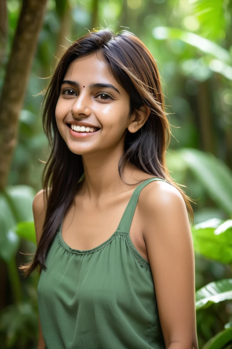 A  old Indian girl is posing in a natural trail in a jungle , she is wearing a loose green tank top tucked in her jeans , Her brown hair is tied in such a way that only 2 loose strands are falling on the either side of her face , shot with 85mm lens for ultra realistic image perspective, ultra bokeh mode , pretty cute girl , laughing shyly , blushing , sweaty