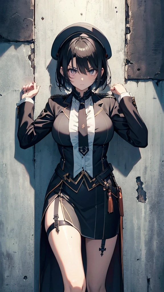  dark-haired girl ,(( short hair ))(( Big Breasts :0.6)),  Tactical Boots  ,Futuristic gun,Rain environment,  high image quality,8k,  super detailed  ,  surreal(()),masterpiece,  cinematic lighting ,Dramatic lighting,  Dramatic Poses, High Definition Facial Contours ,非常に  realistic  ,  realistic  ,((Heavy Rain:1.3)).  Beautiful details ,  beautiful lip details  ,   High Detailed Eyes and Faces   ,  with long eyelashes ,  1 girl,  concept art,   Frame Location   、Shiny Futuristic gun、((Bloodstain:0.9))Vivid Depiction of the Human Body  、beret、uniform、 Thailand、 Knee-length skirt 、((Heart-wrenching Clothes  :0.6))  Holes are in the center of the poster .々stand,  スThailandリッシュでエッジの効いた服を着る ,   expression of determination. The background is dark、 There is danger and tension, Text is in Bold and Eye Catching ,   Catchy taglines that create a dramatic and exciting atmosphere.  The color palette is mostly dark ,((Sharp expression))  Posters are dynamic and visually impressive .,  Character Portraits  (())(())((  lean against the wall  :1.6))((  cross your arms slightly))