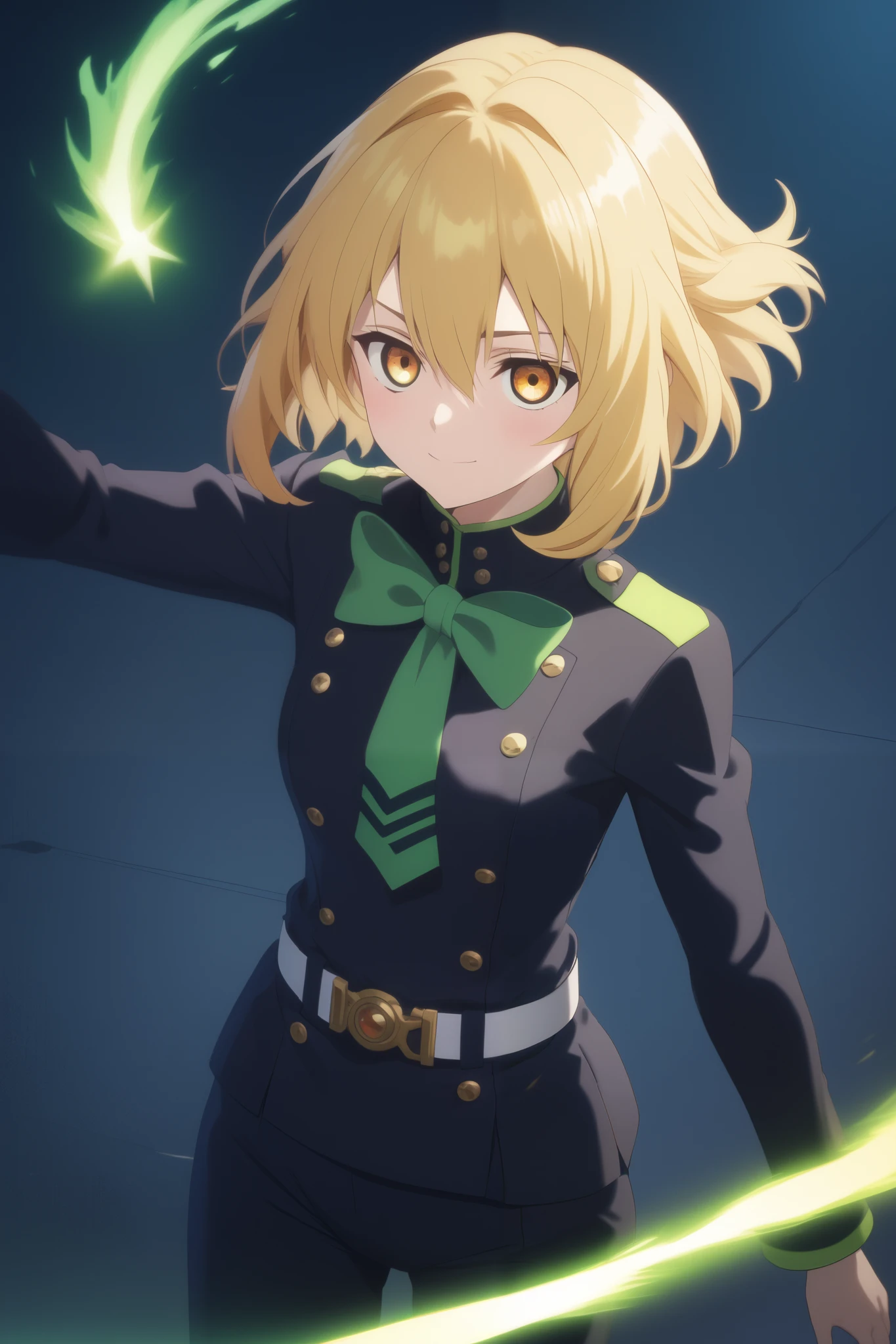 score_9, score_8_up, score_7_up, source_anime,  intricate details , (3d:0.4), ,  1 girl fights,  blonde , solo, female focus, светло-yellow hair,  amber eyes, big amber-colored eyes ,  short blond hair , one pigtail ,  thin pigtail,  hair between eyes,  sci-fi space opera, short bob hair , bangs, yellow hair, smile, blushed, black uniform, Breasts,  thin waist, god,  slender legs , trousers, hiiragi , belt,  fires with a black and green bow,  hair pulls on a black and green bow string, the black-and-green arrow , a green burst of magic 