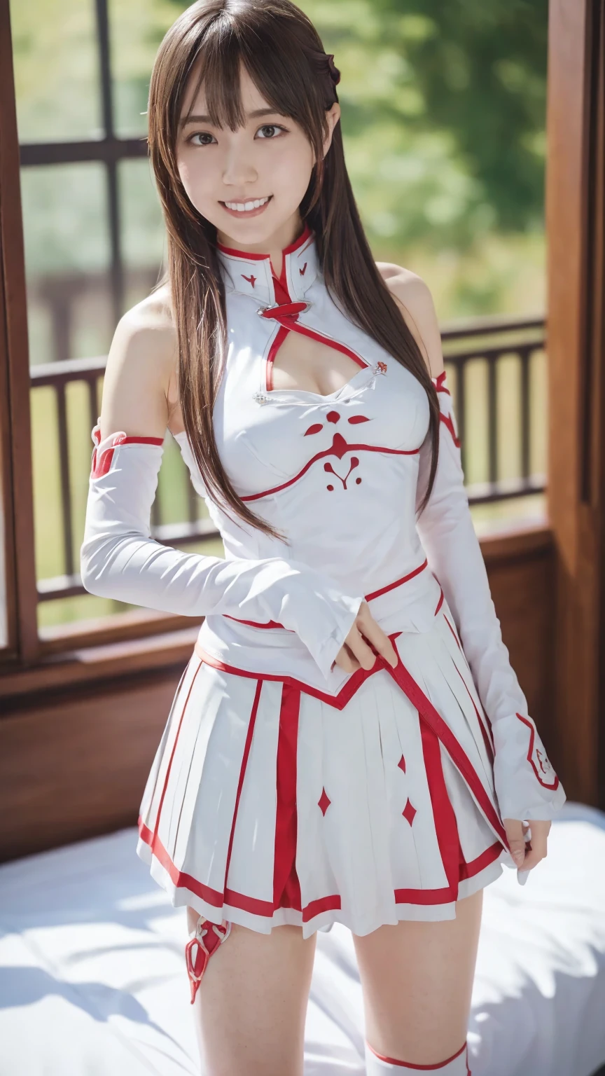 , one girl,  perfect body ,Hotel Bedroom, sits on the sofa , without standing, open legs,Center of gravity is at the rear,  long hair,smile, slender body ,((23 years old):1.3),  bun hair , armor, breastplate, White sleeves,  Split Sleeves,  red skirt ,  pleated skirt,  rolled up skirt , white knee-high , Full Body Portraits , top quality ,  RAW photo,  realistic ,  high res,  Details, Very  Details, extremely  Details eye and 顔,  sharp pupils, Sharp Focus ,( Cinematic Lighting),(Yuki Asuna's Outfit :1.5),(Haruka Kaki:1.2)