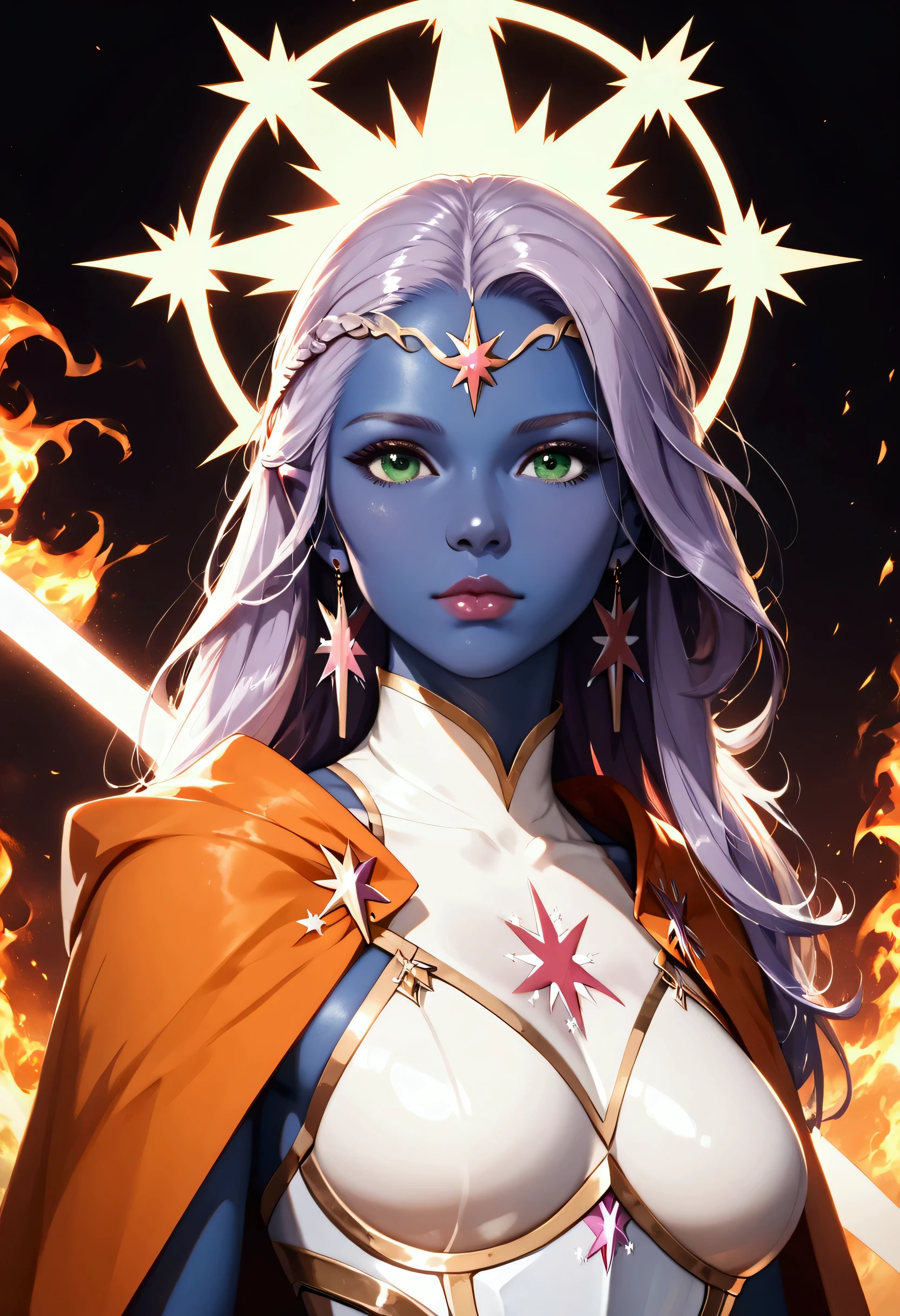 score_9, score_8_up, score_7_up, score_6_up, score_5_up, score_4_up, fantasy art, dnd art, RPG art, an intense details, highly detailed, photorealistic, best quality, highres, facial portrait a female, (( dark blue skin)), intense details facial details, exquisite beauty, cleric, ((dark blue skin)) female, ((lavender hair)), long hair, (((no ears: 1.5))), (green eyes: 1.3), armed with a fiery sword red fire, wearing (twilight priestly combat vestments: 1.5), wearing (white armor: 1.2), wearing high heeled laced boots, wearing an (orange cloak), wearing glowing sun holy symbol fantasy temple background, reflection light, high details, best quality, 16k, [ultra detailed], masterpiece, best quality, (extremely detailed), close up, ultra wide shot, photorealistic, RAW, fantasy art, dnd art, fantasy art, realistic art,((best quality)), ((masterpiece)), (detailed), perfect face ultra wide shot, Cinematic Shot