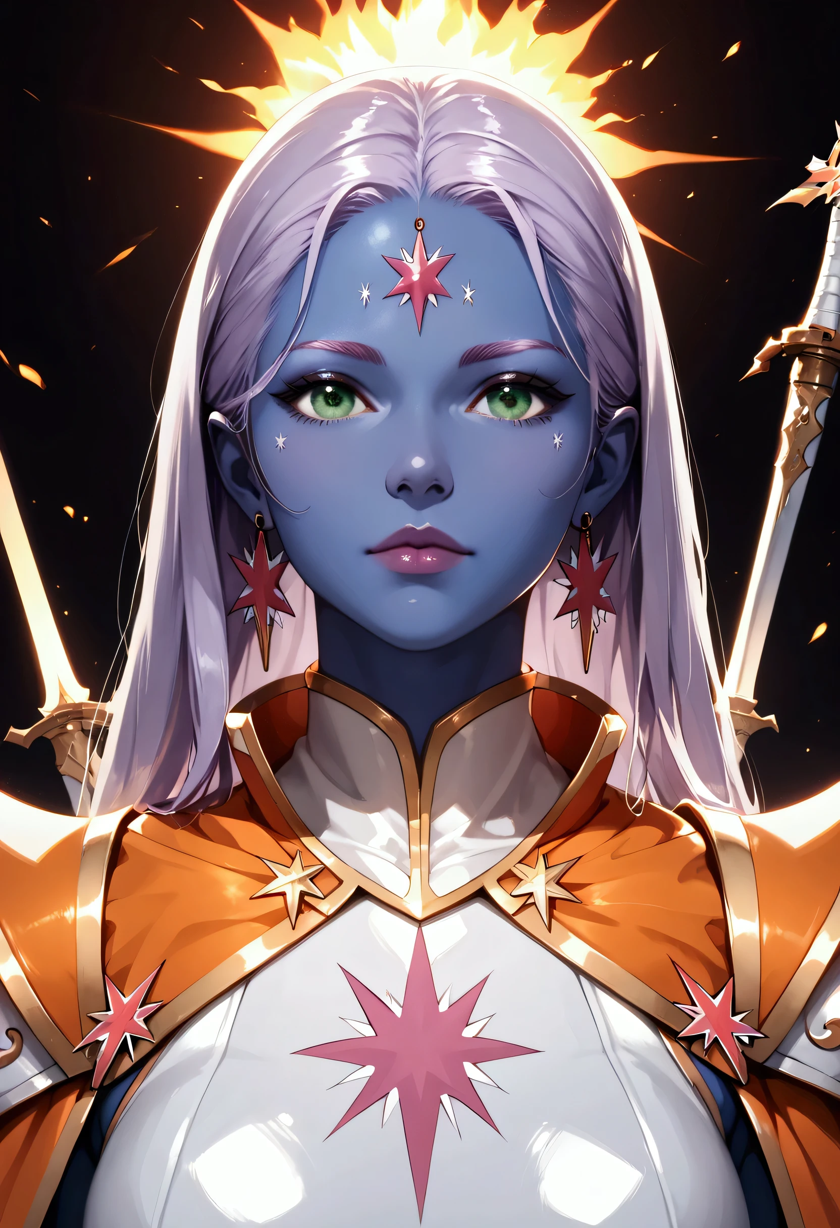 score_9, score_8_up, score_7_up, score_6_up, score_5_up, score_4_up, fantasy art, dnd art, RPG art, an intense details, highly detailed, photorealistic, best quality, highres, facial portrait a female, (( dark blue skin)), intense details facial details, exquisite beauty, cleric, ((dark blue skin)) female, ((lavender hair)), long hair, (((no ears: 1.5))), (green eyes: 1.3), armed with a fiery sword red fire, wearing (twilight priestly combat vestments: 1.5), wearing (white armor: 1.2), wearing high heeled laced boots, wearing an (orange cloak), wearing glowing sun holy symbol fantasy temple background, reflection light, high details, best quality, 16k, [ultra detailed], masterpiece, best quality, (extremely detailed), close up, ultra wide shot, photorealistic, RAW, fantasy art, dnd art, fantasy art, realistic art,((best quality)), ((masterpiece)), (detailed), perfect face ultra wide shot, Cinematic Shot