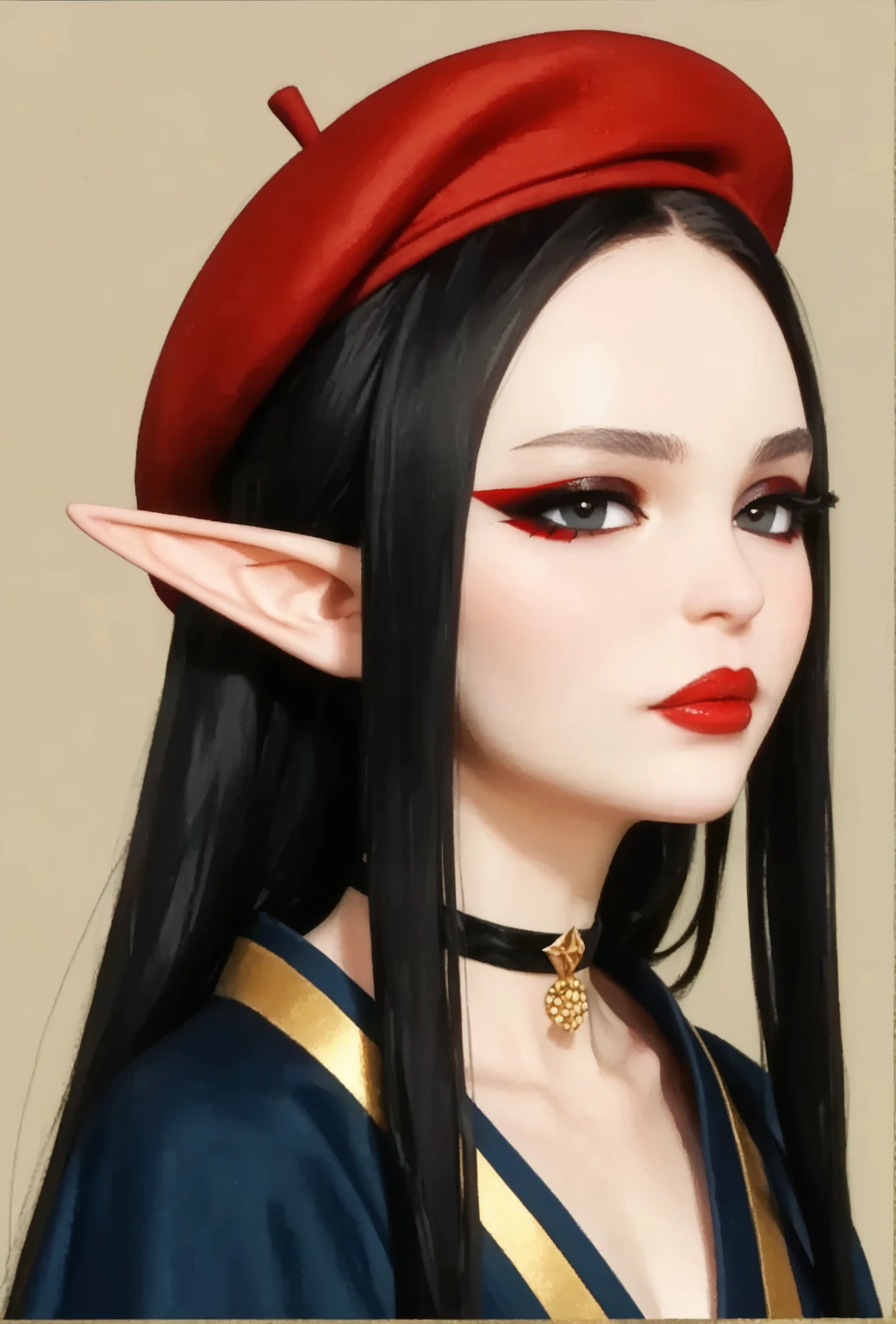 Create a portrait illustration of a petite, European, elf-like female character with regal features. (oval-shaped face), (small eyebrows), (expressive almond-shaped eyes), (dark eyeliner), (long bold eyelashes), (glossy red lips), (black eyes), (full lips), (small upturned nose), (elegant and dramatic look), (pale complexion), (rosy cheeks), (long straight black hair), (sleek and polished), (absurdly long hair), (elongated pointed elf ears), (fantasy aesthetic). (navy-blue kimono), (red beret), (gold accents), (minimalistic yet regal), (white collar layered beneath navy-blue fabric), (gold trim along edges), (decorative red and white obi), (dark blue seigaiha wave motifs), (sophisticated traditional design), (black choker), (modern contrast with traditional attire), (calm and contemplative), (air of mystique), (traditional Japanese clothing), (fantasy modern fusion), (balanced and captivating visual identity), (refined anime realism), (clean rendering), (ultra-detailed textures), (polished finish), (glossy finish), (dramatic lighting), (8K resolution).