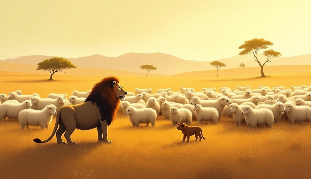 A hand-painted and highly stylized image depicting an old lion observing a young lion from a distance amidst a large flock of sheep in a golden, open savannah. The old lion stands prominently in the foreground, its mane flowing majestically, with a calm yet curious expression as it gazes toward the young lion in the center of the scene. The young lion, slightly smaller and blending with the sheep, stands confidently among the flock, unaware of the old lion's presence. The flock of sheep creates a soft, textured mass of white and cream tones, contrasting with the rich earthy hues of the savannah. The distant landscape features gentle rolling hills, scattered trees, and a warm, hazy sky that bathes the scene in a serene, golden light. The composition emphasizes the old lion's intrigue and the young lion's harmonious connection to the sheep. The style balances 50% realistic details with 50% artistic stylization, using smooth brushstrokes and subtle gradients to evoke a sense of warmth and quiet tension.