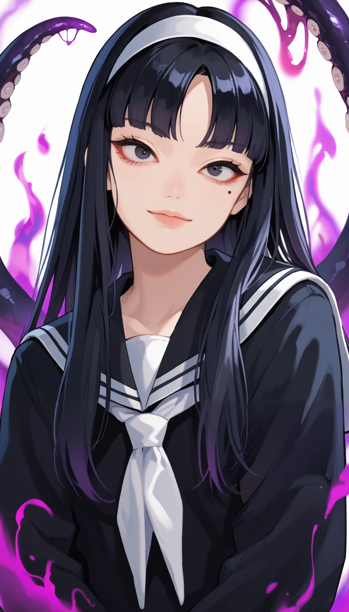 Score_9, score_8_up, score_7_up, score_6_up, source_anime, rating:general, 1girl, gothic girl, pale white skin, black eyes, black hair, long hair, blunt bangs, parted bangs, white hairband, mole under left eye, portrait, sailor suit school uniform, head tilt, sultry look, mysterious, 8k quality, vivid colors, perfect lighting, perfect shadowing, purple SmokeyAura, purple Aura, purple Smoke, eldritch, lovecraftian background  